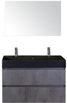 Maxx XL Badmeubelset 100 cm - Beton Antraciet - Wastafel Kube Zwart 2 Kraangaten met Spiegel