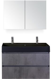 Maxx XL Badmeubelset 100 cm - Beton Antraciet - Wastafel Kube Zwart 2 Kraangaten met Spiegelkast