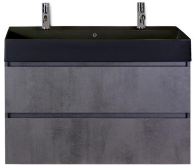 Maxx XL Badmeubelset 100 cm - Beton Antraciet - Wastafel Kube Zwart 2 Kraangaten