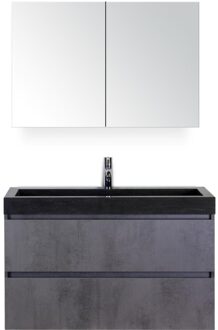 Maxx XL Badmeubelset 100 cm - Beton Antraciet - Wastafel Lucca 1 Kraangat met Spiegelkast