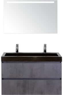 Maxx XL Badmeubelset 100 cm - Beton Antraciet - Wastafel Lucca 2 Kraangaten met LED Spiegel