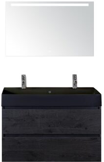 Maxx XL Badmeubelset 100 cm - Black Oak - Wastafel Kube Zwart 2 Kraangaten met LED Spiegel