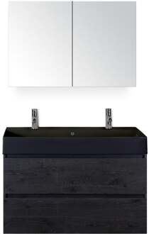 Maxx XL Badmeubelset 100 cm - Black Oak - Wastafel Kube Zwart 2 Kraangaten met Spiegelkast