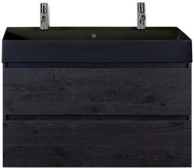 Maxx XL Badmeubelset 100 cm - Black Oak - Wastafel Kube Zwart 2 Kraangaten