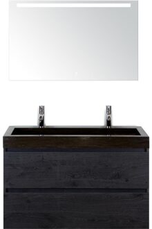 Maxx XL Badmeubelset 100 cm - Black Oak - Wastafel Lucca 2 Kraangaten met LED Spiegel