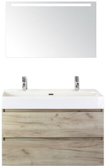 Maxx XL Badmeubelset 100 cm - Craft Oak - Wastafel Kube 2 Kraangaten met Sence Spiegel