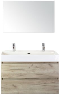 Maxx XL Badmeubelset 100 cm - Craft Oak - Wastafel Kube 2 Kraangaten met Spiegel