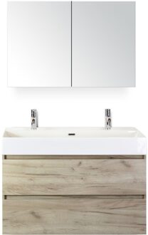 Maxx XL Badmeubelset 100 cm - Craft Oak - Wastafel Kube 2 Kraangaten met Spiegelkast