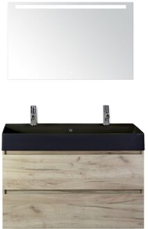 Maxx XL Badmeubelset 100 cm - Craft Oak - Wastafel Kube Zwart 2 Kraangaten met LED Spiegel