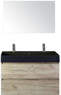 Maxx XL Badmeubelset 100 cm - Craft Oak - Wastafel Kube Zwart 2 Kraangaten met Spiegel