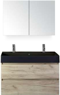 Maxx XL Badmeubelset 100 cm - Craft Oak - Wastafel Kube Zwart 2 Kraangaten met Spiegelkast