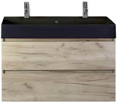 Maxx XL Badmeubelset 100 cm - Craft Oak - Wastafel Kube Zwart 2 Kraangaten