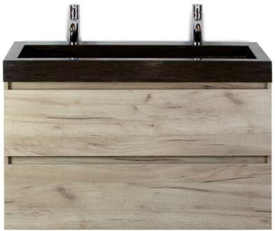 Maxx XL Badmeubelset 100 cm - Craft Oak - Wastafel Lucca 2 Kraangaten