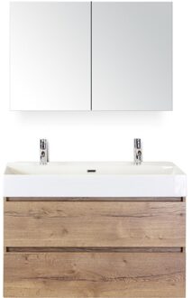 Maxx XL Badmeubelset 100 cm - Natuur Eiken - Wastafel Kube 2 Kraangaten met Spiegelkast