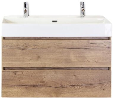 Maxx XL Badmeubelset 100 cm - Natuur Eiken - Wastafel Kube 2 Kraangaten