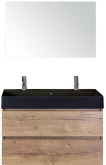 Maxx XL Badmeubelset 100 cm - Natuur Eiken - Wastafel Kube Zwart 2 Kraangaten met Spiegel