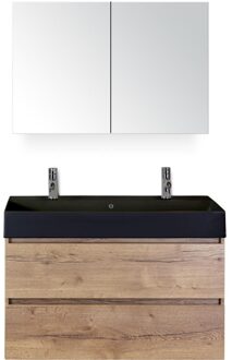 Maxx XL Badmeubelset 100 cm - Natuur Eiken - Wastafel Kube Zwart 2 Kraangaten met Spiegelkast
