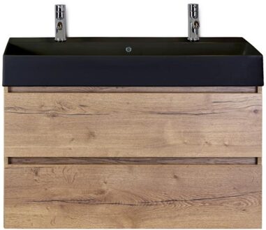 Maxx XL Badmeubelset 100 cm - Natuur Eiken - Wastafel Kube Zwart 2 Kraangaten
