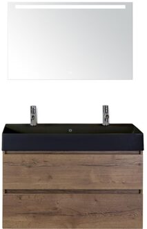 Maxx XL Badmeubelset 100 cm - Tabacco - Wastafel Kube Zwart 2 Kraangaten met LED Spiegel