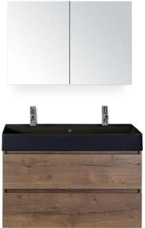 Maxx XL Badmeubelset 100 cm - Tabacco - Wastafel Kube Zwart 2 Kraangaten met Spiegelkast