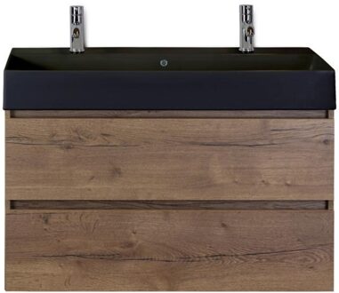 Maxx XL Badmeubelset 100 cm - Tabacco - Wastafel Kube Zwart 2 Kraangaten