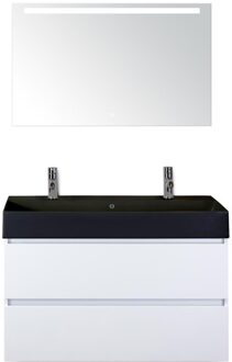 Maxx XL Badmeubelset 100 cm - Wit Hoogglans - Wastafel Kube Zwart 2 Kraangaten met LED Spiegel