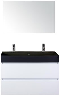 Maxx XL Badmeubelset 100 cm - Wit Hoogglans - Wastafel Kube Zwart 2 Kraangaten met Spiegel