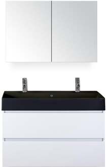Maxx XL Badmeubelset 100 cm - Wit Hoogglans - Wastafel Kube Zwart 2 Kraangaten met Spiegelkast