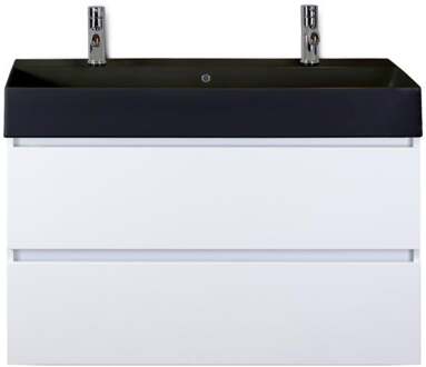 Maxx XL Badmeubelset 100 cm - Wit Hoogglans - Wastafel Kube Zwart 2 Kraangaten