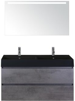 Maxx XL Badmeubelset 120 cm - Beton Antrac - Wastafel Kube Dubbel Zwart 2 Kraangaten met LED Spiegel