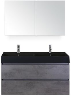 Maxx XL Badmeubelset 120 cm - Beton Antrac - Wastafel Kube Dubbel Zwart 2 Kraangaten met Spiegelkast