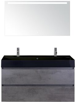 Maxx XL Badmeubelset 120 cm - Beton Antrac - Wastafel Kube Enkel Zwart 2 Kraangaten met LED Spiegel