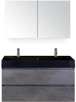 Maxx XL Badmeubelset 120 cm - Beton Antrac - Wastafel Kube Enkel Zwart 2 Kraangaten met Spiegelkast