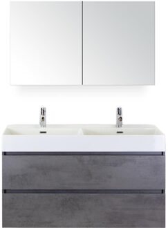Maxx XL Badmeubelset 120 cm - Beton Antraciet - Wastafel Kube Dubbel 2 Kraangaten met Spiegelkast