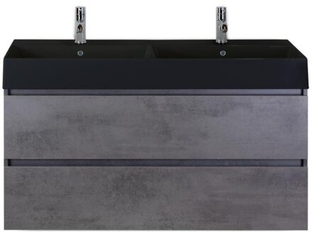 Maxx XL Badmeubelset 120 cm - Beton Antraciet - Wastafel Kube Dubbel Zwart 2 Kraangaten