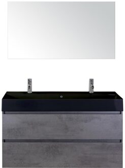Maxx XL Badmeubelset 120 cm - Beton Antraciet - Wastafel Kube Enkel Zwart 2 Kraangaten met Spiegel
