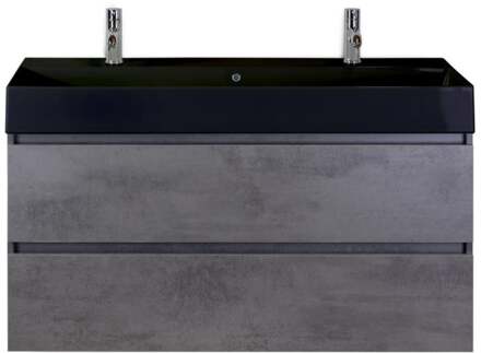 Maxx XL Badmeubelset 120 cm - Beton Antraciet - Wastafel Kube Enkel Zwart 2 Kraangaten