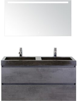 Maxx XL Badmeubelset 120 cm - Beton Antraciet - Wastafel Lucca Dubbel 2 Kraangaten met LED Spiegel