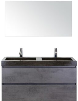 Maxx XL Badmeubelset 120 cm - Beton Antraciet - Wastafel Lucca Dubbel 2 Kraangaten met Spiegel
