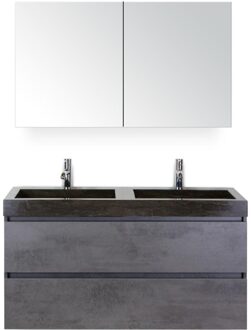 Maxx XL Badmeubelset 120 cm - Beton Antraciet - Wastafel Lucca Dubbel 2 Kraangaten met Spiegelkast