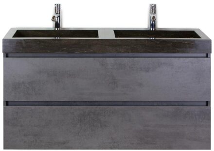 Maxx XL Badmeubelset 120 cm - Beton Antraciet - Wastafel Lucca Dubbel 2 Kraangaten
