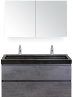 Maxx XL Badmeubelset 120 cm - Beton Antraciet - Wastafel Lucca Enkel 2 Kraangaten met Spiegelkast