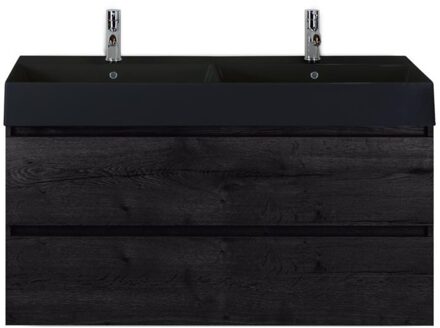 Maxx XL Badmeubelset 120 cm - Black Oak - Wastafel Kube Dubbel Zwart 2 Kraangaten