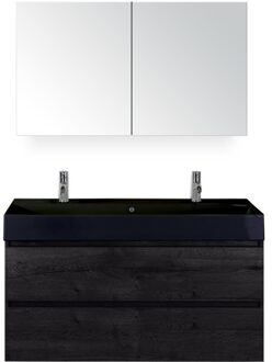 Maxx XL Badmeubelset 120 cm - Black Oak - Wastafel Kube Enkel Zwart 2 Kraangaten met Spiegelkast