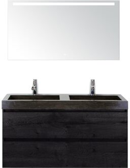 Maxx XL Badmeubelset 120 cm - Black Oak - Wastafel Lucca Dubbel 2 Kraangaten met LED Spiegel