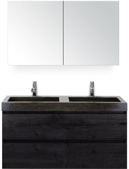 Maxx XL Badmeubelset 120 cm - Black Oak - Wastafel Lucca Dubbel 2 Kraangaten met Spiegelkast