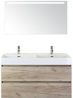 Maxx XL Badmeubelset 120 cm - Craft Oak - Wastafel Kube Dubbel 2 Kraangaten met Sence Spiegel