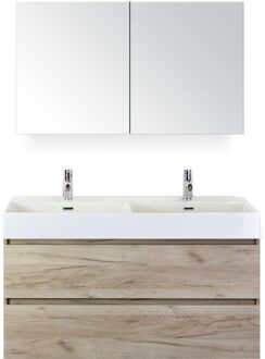 Maxx XL Badmeubelset 120 cm - Craft Oak - Wastafel Kube Dubbel 2 Kraangaten met Spiegelkast