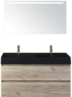 Maxx XL Badmeubelset 120 cm - Craft Oak - Wastafel Kube Dubbel Zwart 2 Kraangaten met LED Spiegel