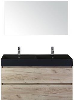 Maxx XL Badmeubelset 120 cm - Craft Oak - Wastafel Kube Dubbel Zwart 2 Kraangaten met Spiegel